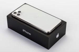 Apple iPhone 11 Pro Max on original packaging, back, three-camera system, flash, white background, Apple iPhone 11 Pro Max on original packaging, back, three-camera system, flash, white background,